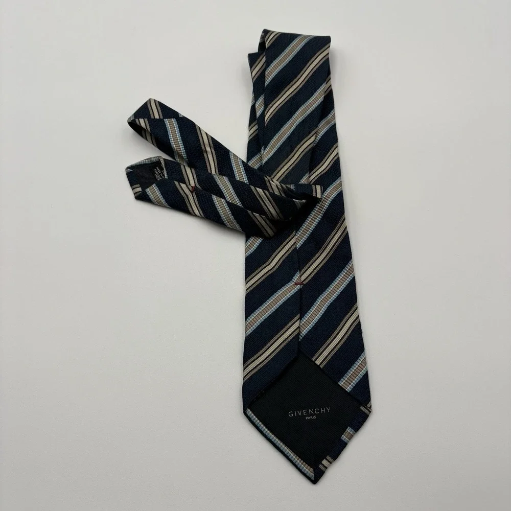 Givenchy Paris Silk Tie Navy Blue Tan Light Blue Diagonal Stripe Made in Italy